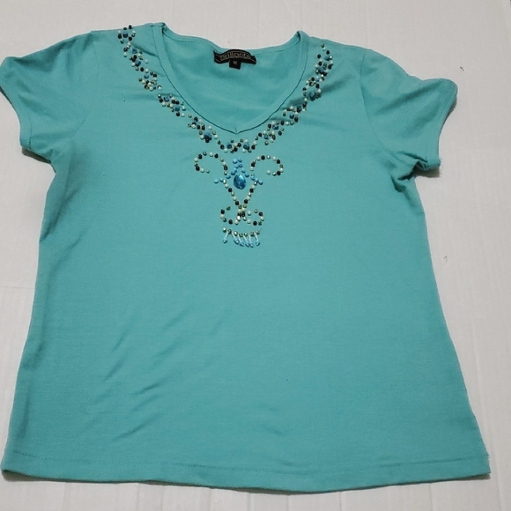 Vintage 90s Boho Western Embellished Beaded Teal Fitted Knit Top S